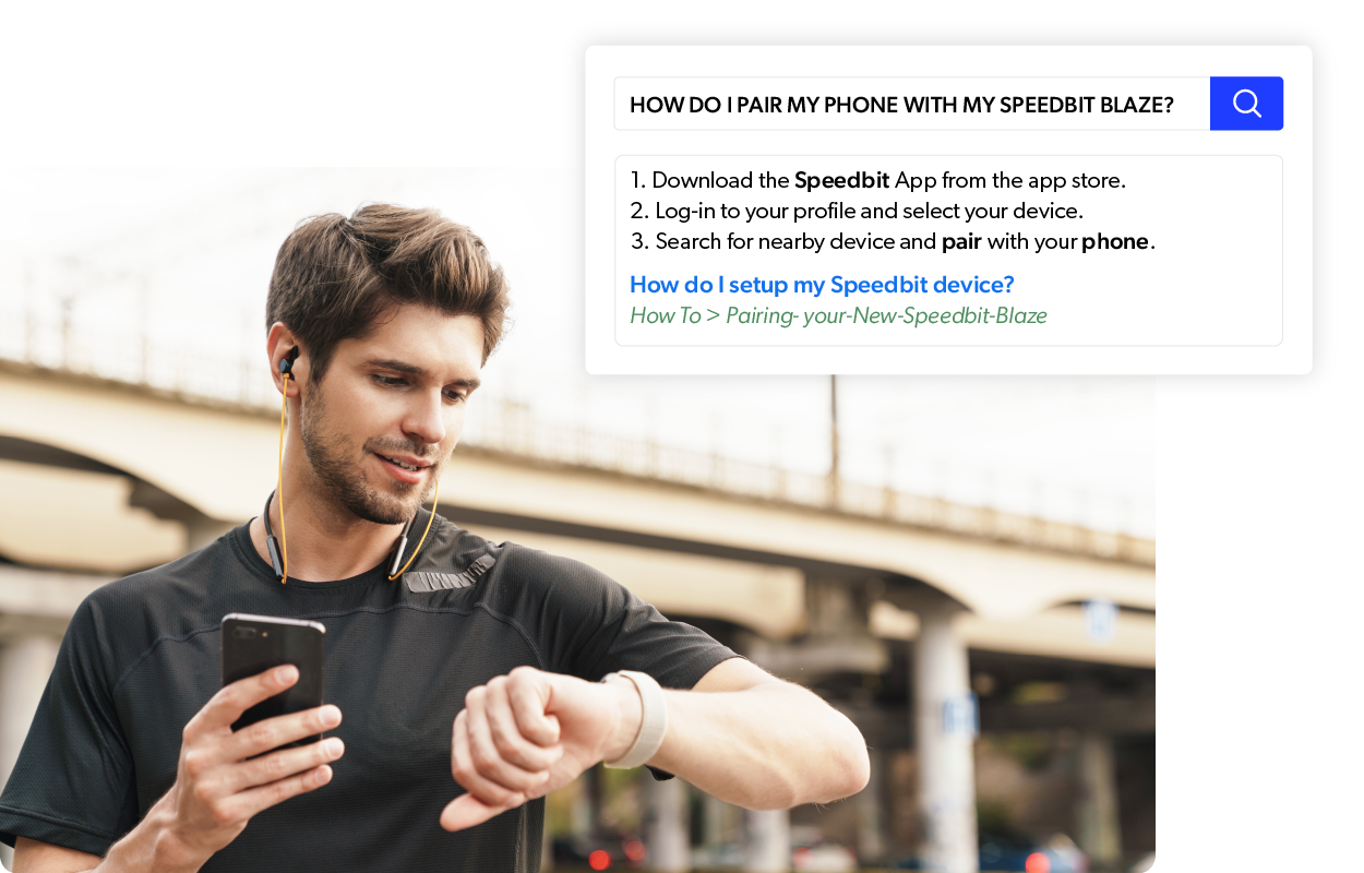 A graphic shows a runner checking a smart snippet response to the query 'how do I pair my phone with my Speedbit Blaze?'